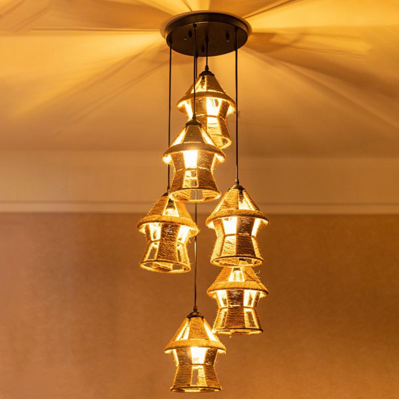 Hand-Wrapped Rope Cluster Cabin Pendant Country 3/6 Bulbs Living Room Round/Linear Ceiling Suspension Lamp in Brown