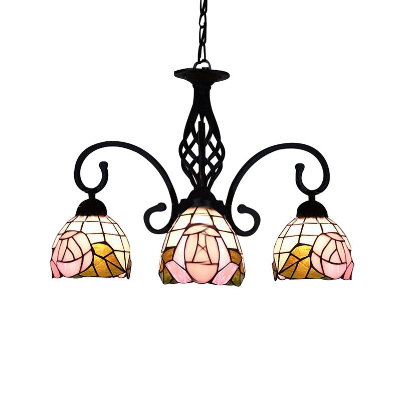 3 lumières Chandelier en forme de lustre rétro en vitrail de style floral inversé en rose en rose