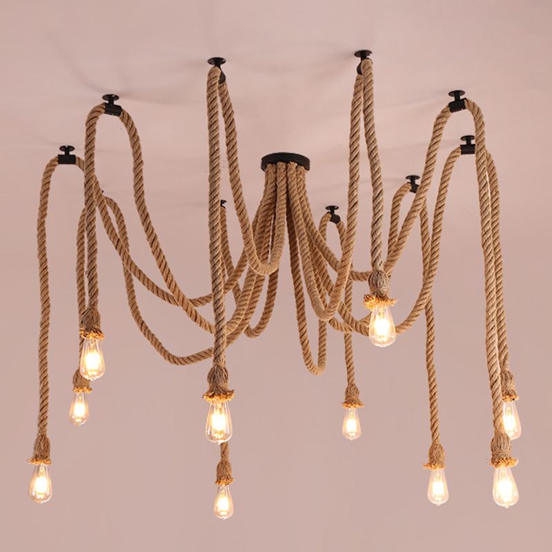 Spider Shaped Hemp Rope Pendant Country Style Restaurant Ceiling Hang Light in Beige