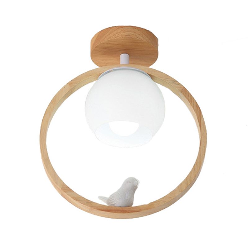 White Shaded Ceiling Light Contemporary Flush Mount Lighting with Wood for Room