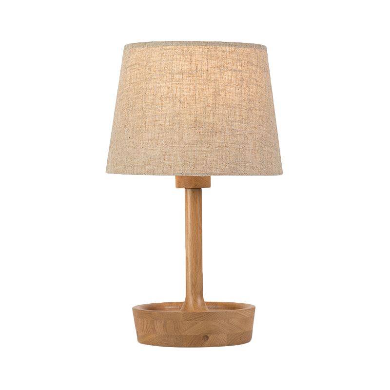 Cone Shade Fabric Task Lamp Modern 1 Bulb Flaxen/White Reading Light, Round Beige Wood Base