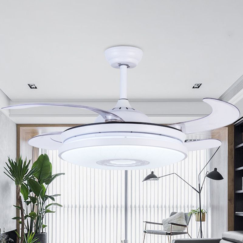 36 "Breedte LED Acryl Hangende ventilator Licht Moderne witte ring Woonkamer Semi -spoelbevestiging met afstandsbediening/frequentieconversie en afstandsbediening, 4 messen