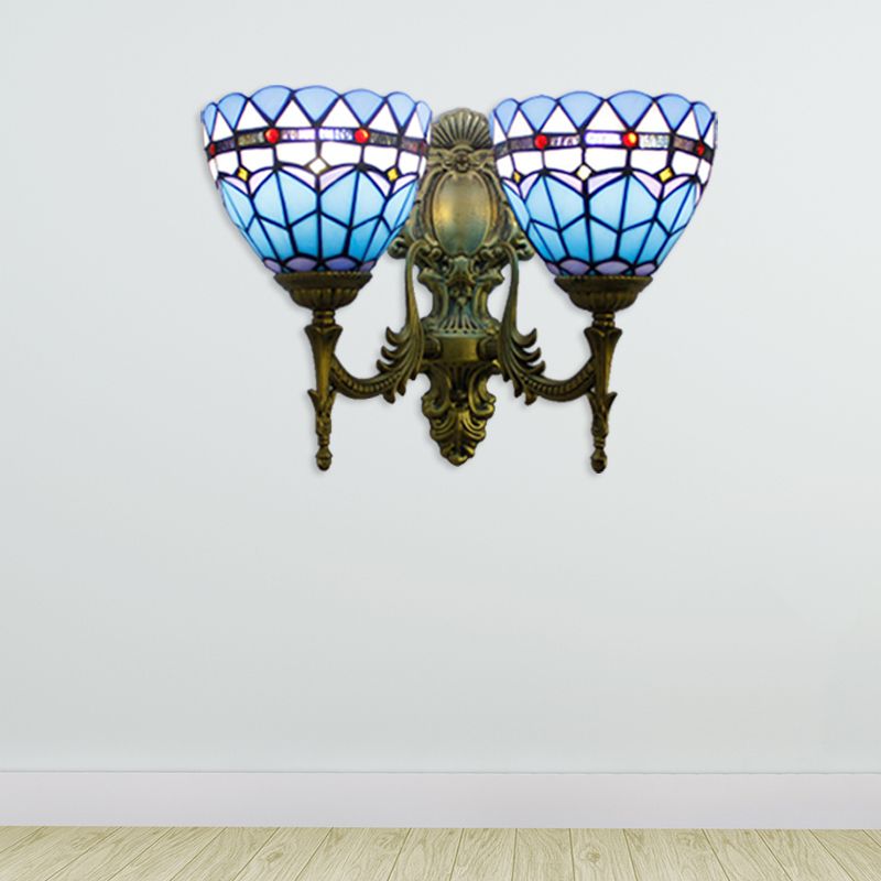 Baroque Bowl Wall Light Fixture Stained Glass 2 Heads Sconce Lighting in Antique Brass for Living Room