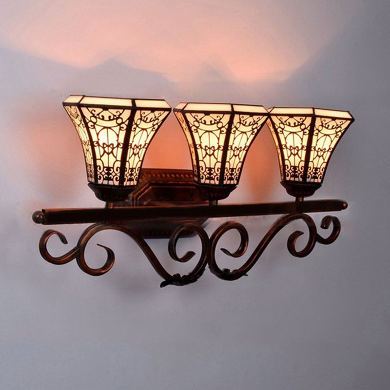 Glass Pattern Bell Sconce Light Study Room 3 Lights Tiffany Antique Wall Light in Beige