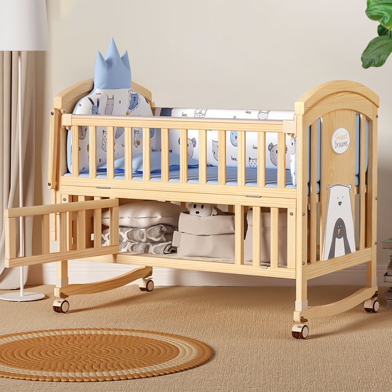 Modern Baby Crib with Guardrail with Casters/Wheels Washed Natural Nursery Bed