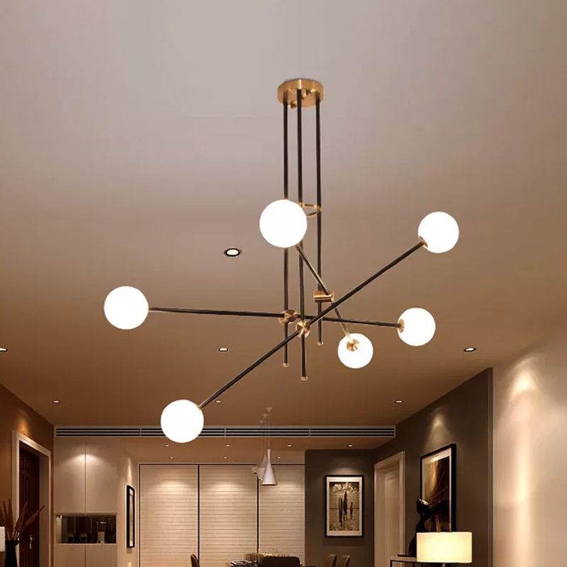 Black 3-Arm Chandelier Light Postmodern 6 Bulbs Metal Ceiling Pendant with Ball Milky Glass Shade