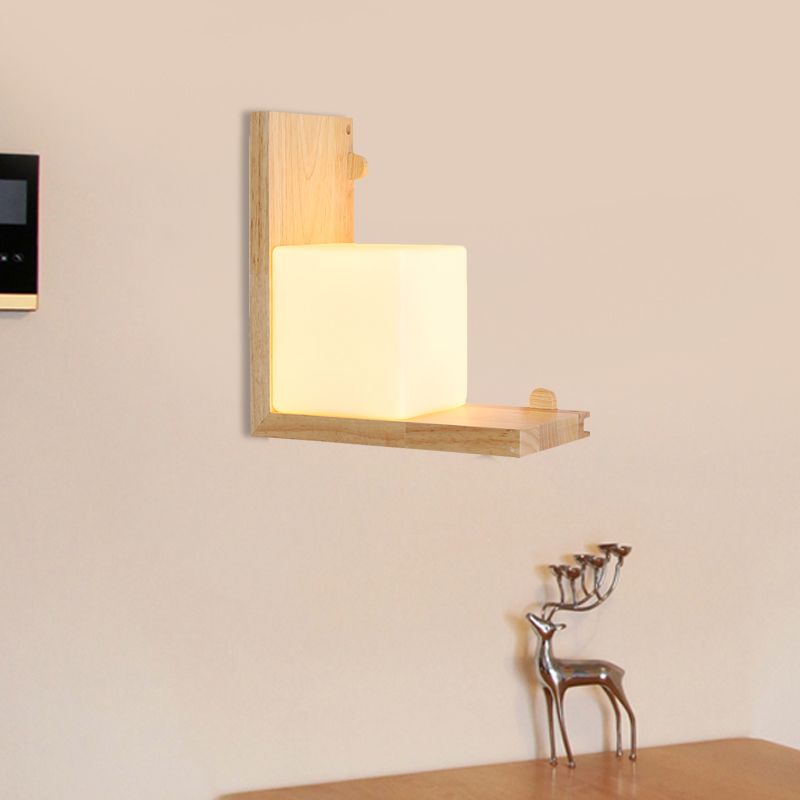 Houten rechterhoek paneel spoelige wand sconce minimalistische led beige wandlamp barmonus met kubus opaalglas schaduw