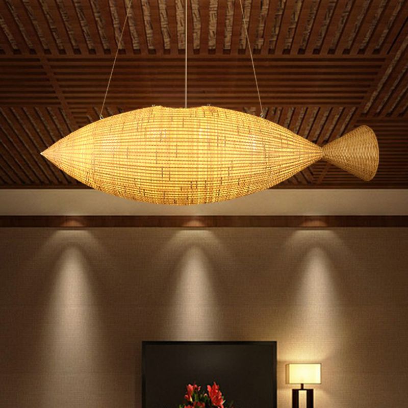 Asie Fish en forme de lumière suspendue en bambou salle à manger suspension suspension en beige
