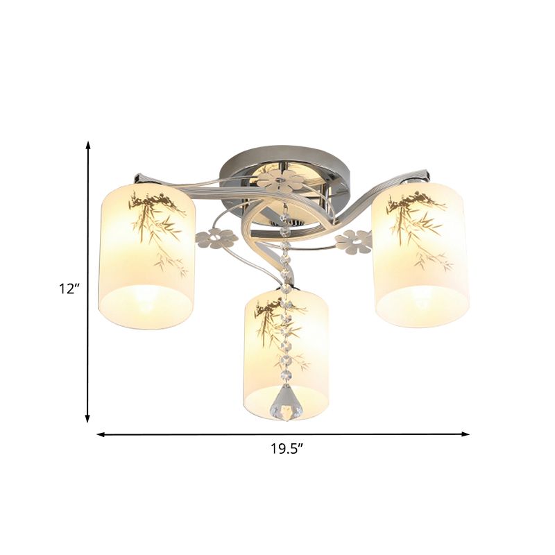 Minimal Cylindrical Semi-Flush Ceiling Light Frosted Glass 3 Lights Bedroom Flushmount in Chrome with Bamboo Pattern