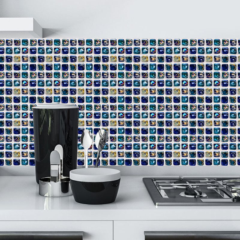 Modern Faux Embossed Tiles Wallpapers Blue Mosaic Effect Adhesive Wall Decor for Kitchen, 10 Pieces