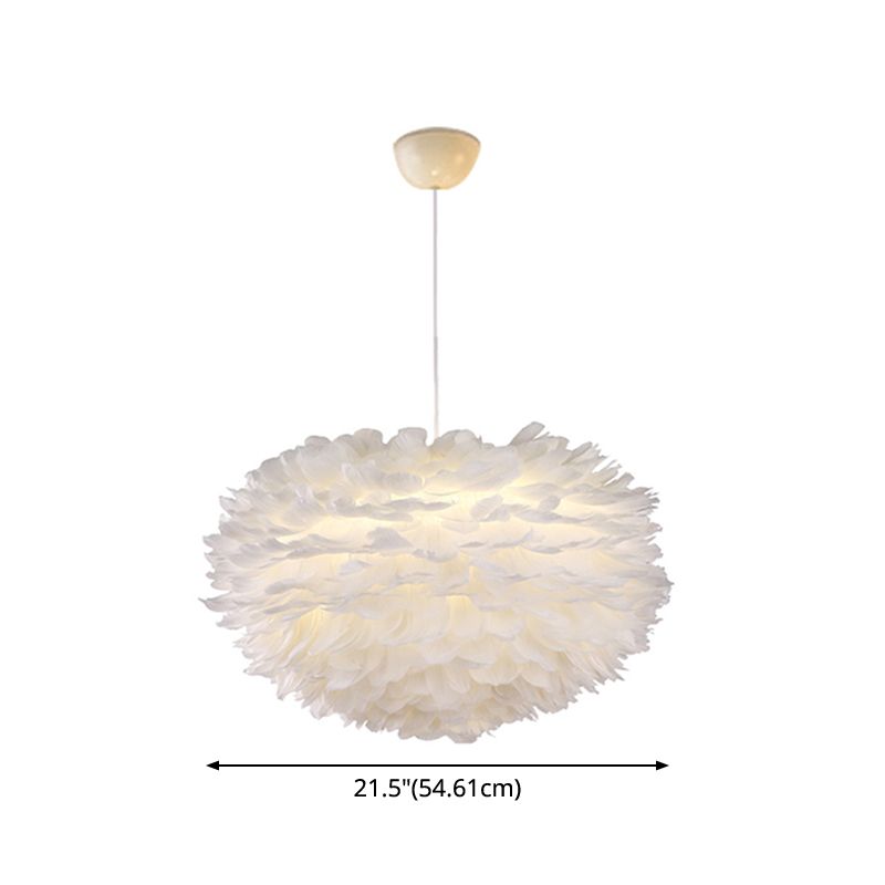 White Globe Shaped Hanging Chandelier Nordic Style Feather Suspended Lighting Fixture