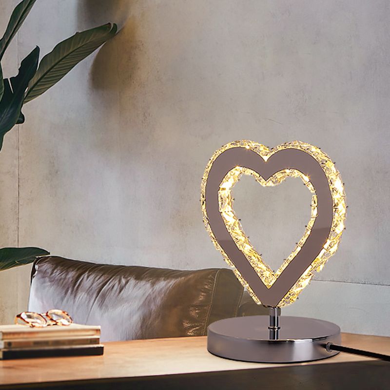 Loving Heart Crystal Block Desk Light Contemporary Chrome Nightstand Lighting for Bedside