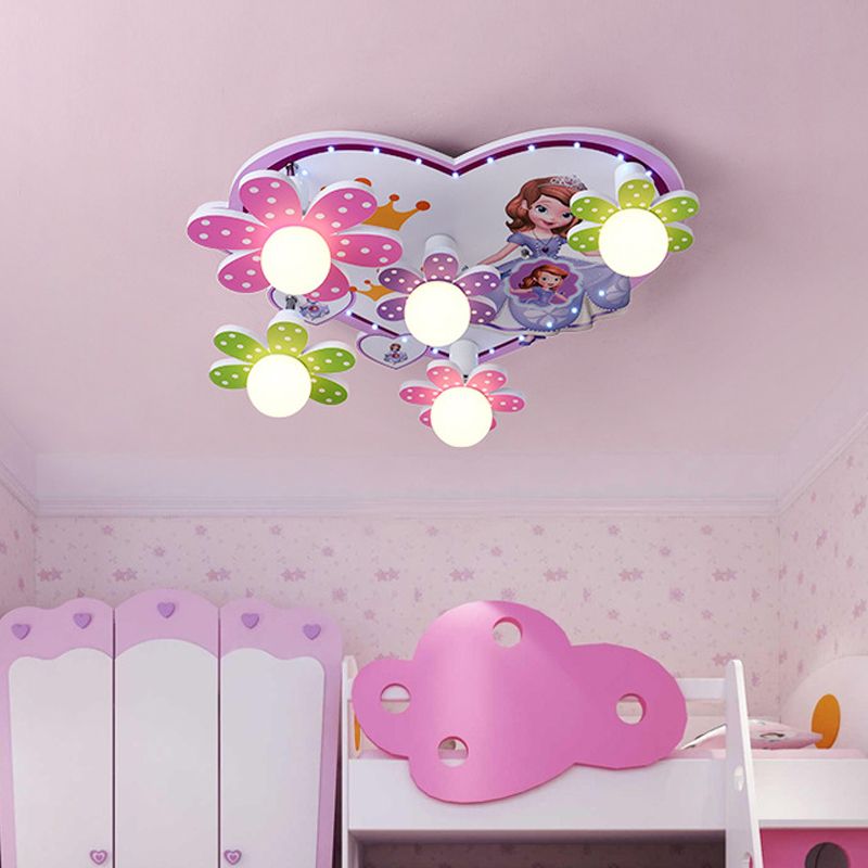Gekleurde bloemenprinses-plafondlamp voor kinderen, 5-lichts houten inbouwverlichting met bolvormige witte glazen kap