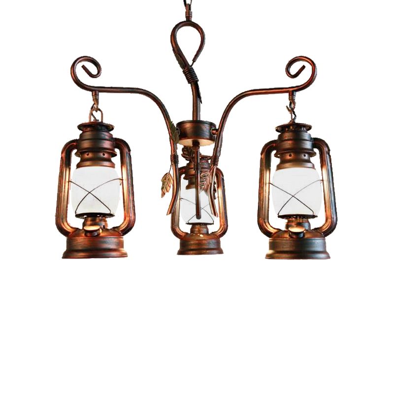 Lantern Opal Glass Light Chandelier Coastal 3 Light Dining Room Pendant Lighting in Weathered Copper