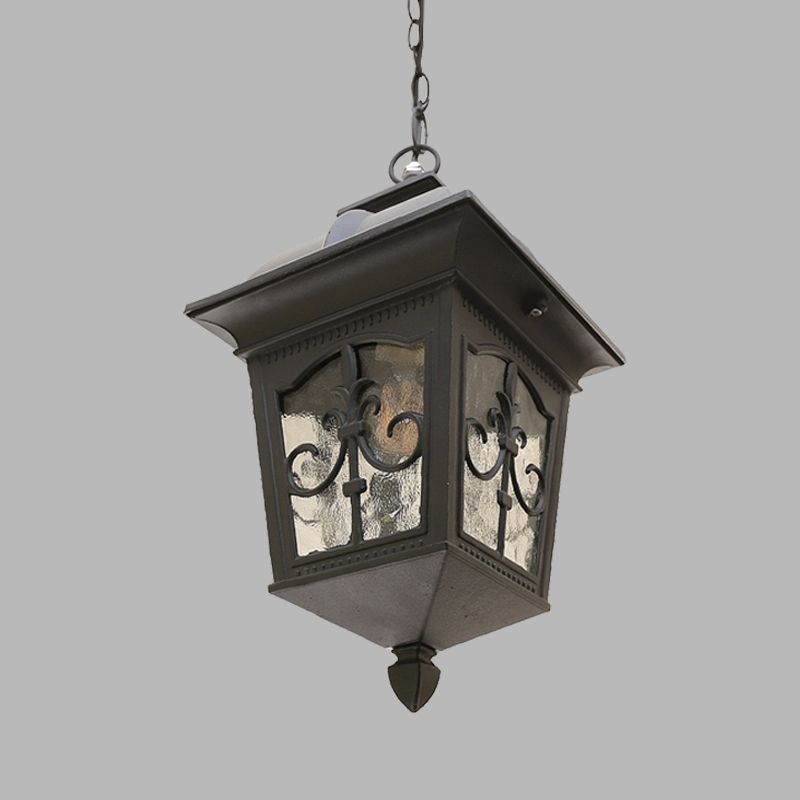 Metallic Lantern Hanging Light Lodges 1 Bulb Balcony Pendant Lamp in Black/Gold with Water Glass Shade