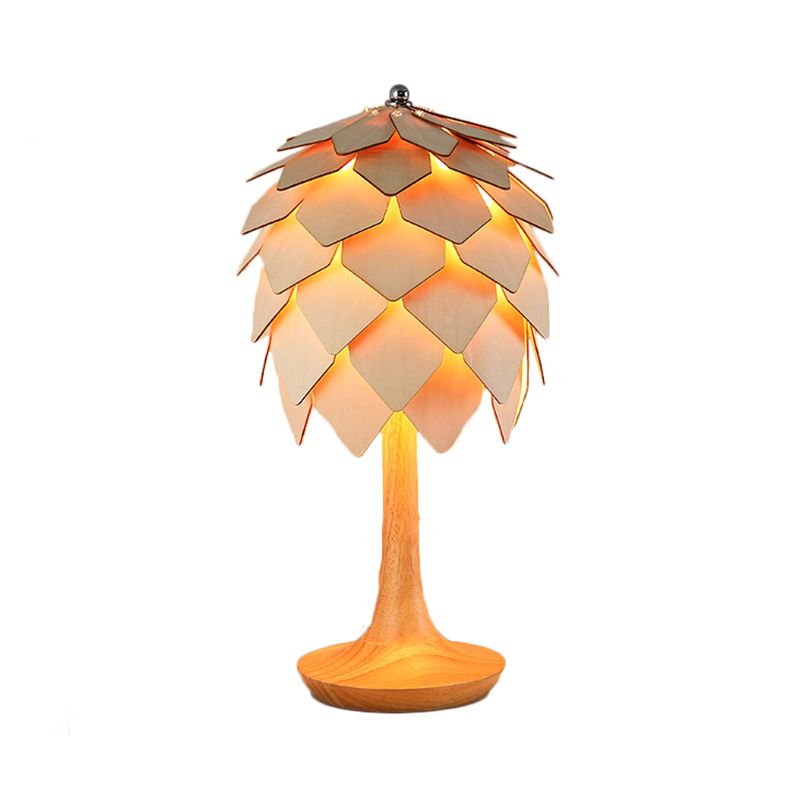 Wooden Pine Cone Table Lamp Contemporary Style 1-Light Beige Table Lighting for Bedroom