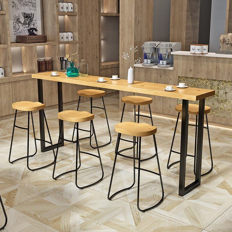 Rectangular Solid Wood Top Bar Table Modern Bistro Table with Double Pedestal in Black