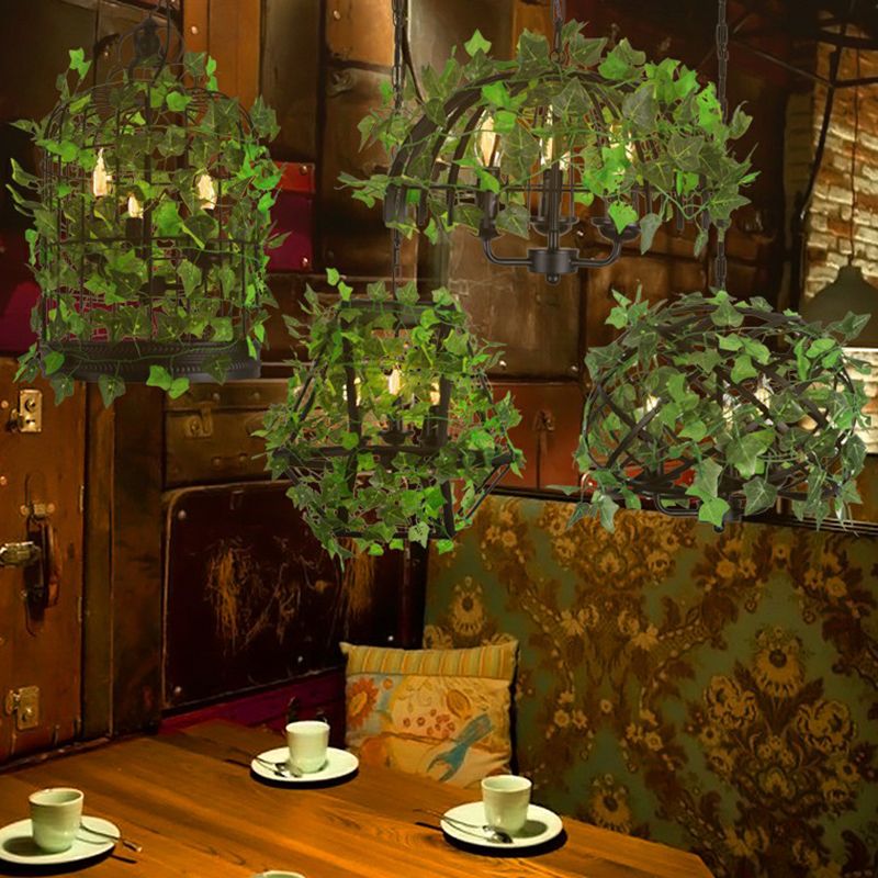 3-Light Iron Ceiling Chandelier Industrial Green Fake Plant and Cage Restaurant Pendant Lamp