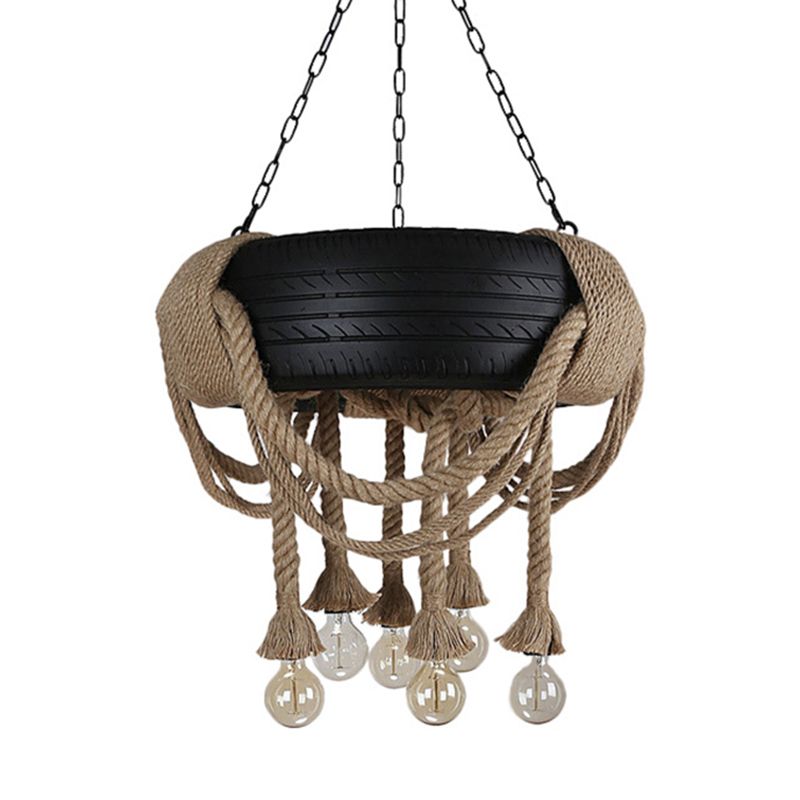 Rope Black Chandelier Light Fixture Tyre Industrial Style Hanging Chandelier Light