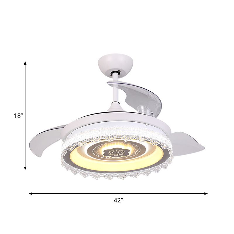 LED-ronde semi-flush montage traditionele witte heldere kristallen hangende ventilatorlamp met 3 messen, 42 "breedte