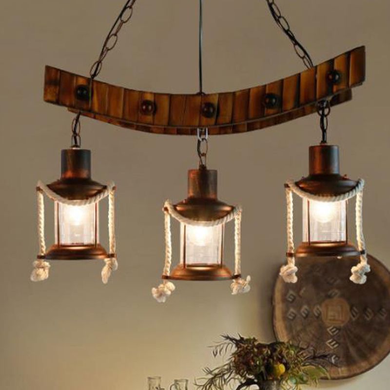 Clear Glass Dark Brown Chandelier Light Lantern 3 Lights Warehouse Hanging Ceiling Fixture for Kitchen