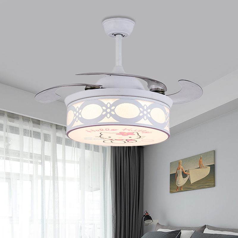 4 Blades Drum Semi Flush Mount Lamp Kinderen Metalen slaapkamer 36 "W LED Hangende hangerslamp in wit/roze met cartoonkattenpatroon, op afstand/muur en afstandsbediening