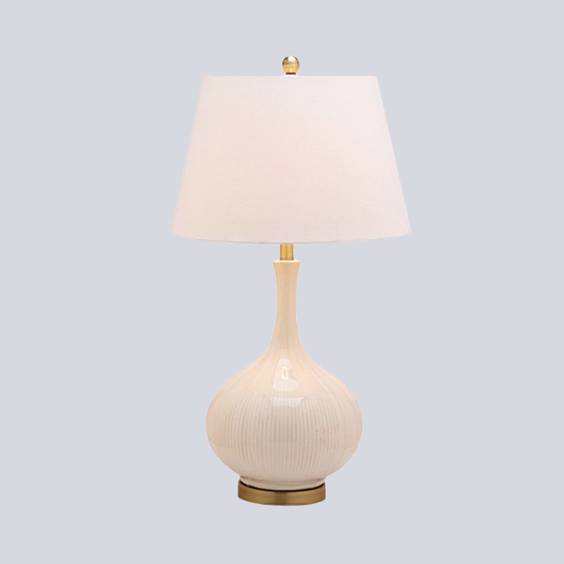 Fabric Tapered Table Light Modernism 1 Head White Small Desk Lamp with Ceramic Base