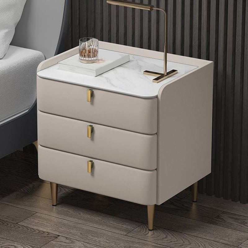 Classic Glam Bed Nightstand Stone Bedside Cabinet with 3 Drawers