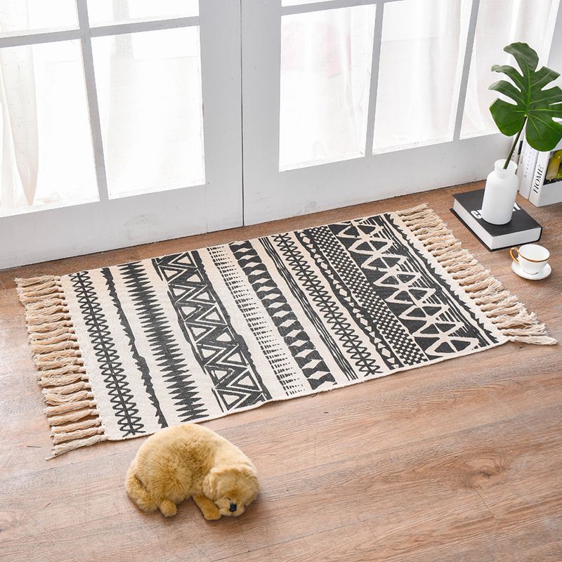 Vintage Americana Print Carpet Beige Cotton Blend Rug Fringe Area Rug for Home Decor