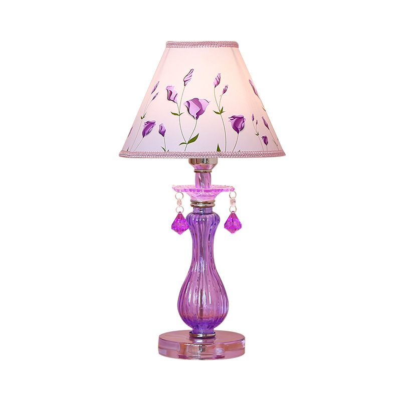 Romantic Pastoral 1 Light Night Lamp Purple Cone/Scalloped Nightstand Light with Fabric Shade and Crystal Accent