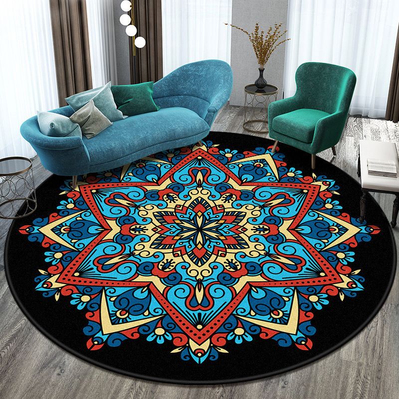 Round Tribal Symbols Carpet Polyester Moroccan Indoor Rug Non-Slip Backing Rug for Living Room