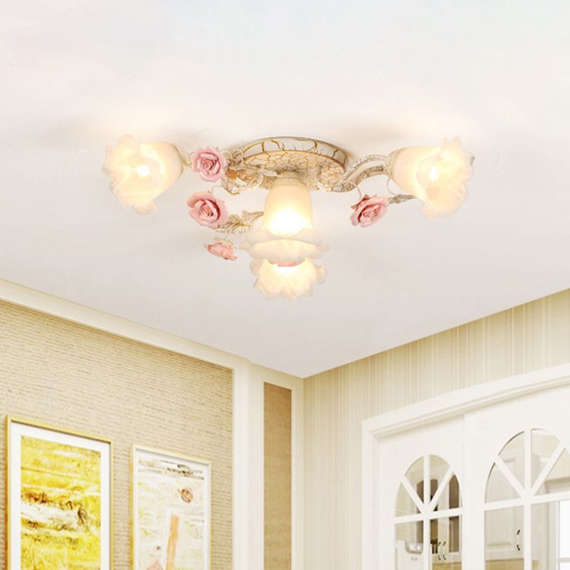 4/6/7-Head Semi Flush Mount Korean Garden Living Room Ceiling Flush Light with Floral Frosted White Glass Shade