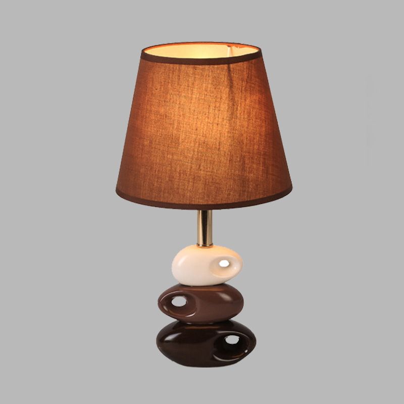 Coffee Barrel Night Table Light Modern 1 Bulb Fabric Nightstand Lamp with Stone Ceramics Base