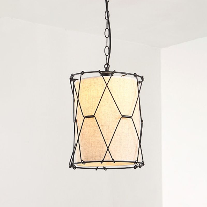 Metal Crossed Drum Cage Pendant Farmhouse 10"/16.5" W 1 Light Dining Room Hanging Light Fixture in Beige with Fabric Shade