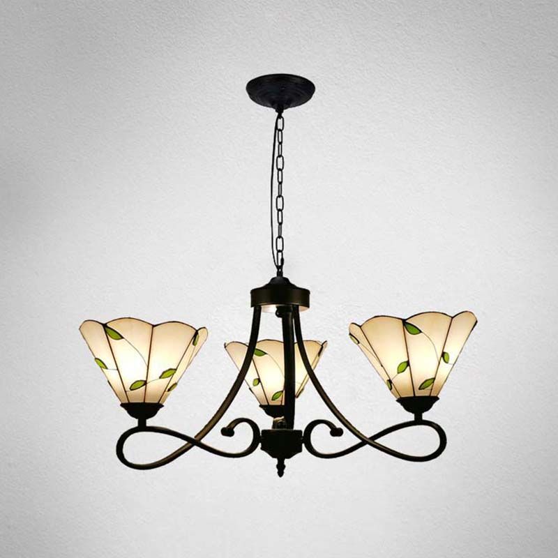 3/5 Lumières Sucalloped / Cone Chandelier suspendu Baroque blanc / jaune / beige Verre Suspension Éclairage pour le salon avec bras incurvé