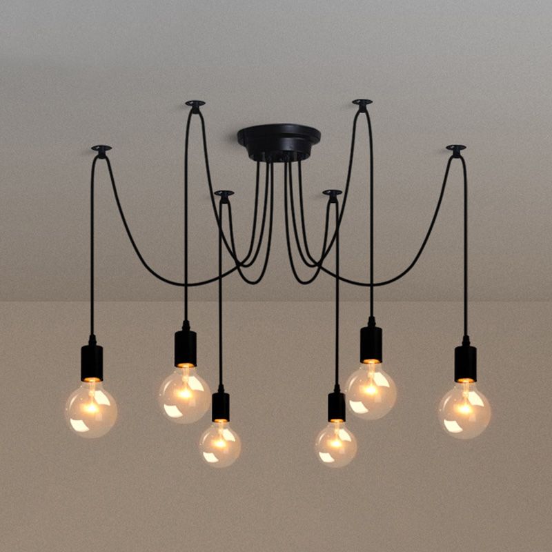 Industrial Exposed Bulb Swag Pendant Metallic Multi Light Chandelier in Black for Living Room