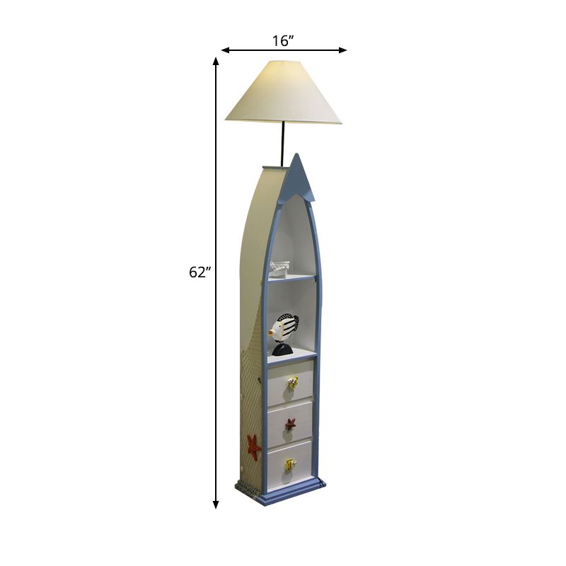 Boat-Shaped Floor Light Kid Wooden Single White Stand Up Lamp with Locker and Cone Shade