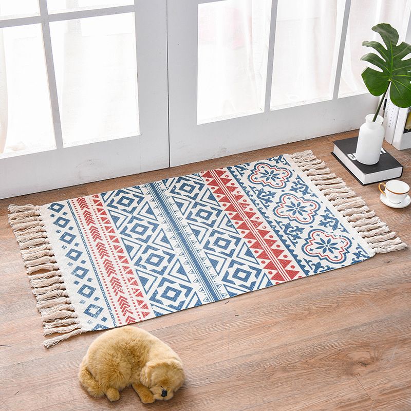 Southwestern Bedroom Rug Multi Color Geometric Print Rug Polypropylene Machine Washable Carpet with Fringe