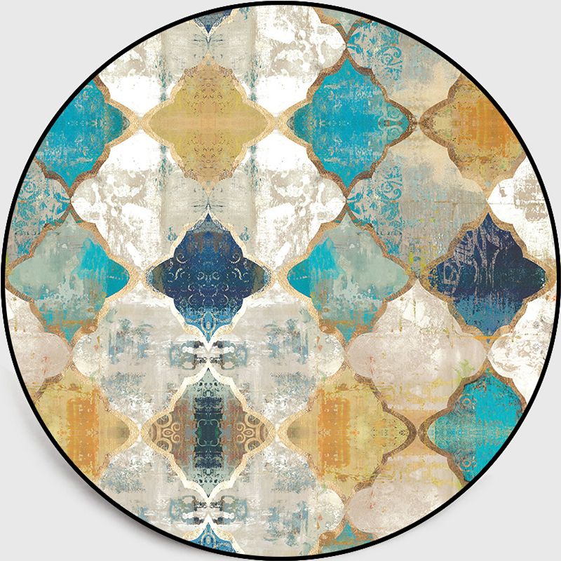 Distressed Blue-Yellow Moroccan Rug Polypropylene Quatrefoil Patterned Carpet Non-Slip Backing Pet Friendly Stain Resistant Rug for Room