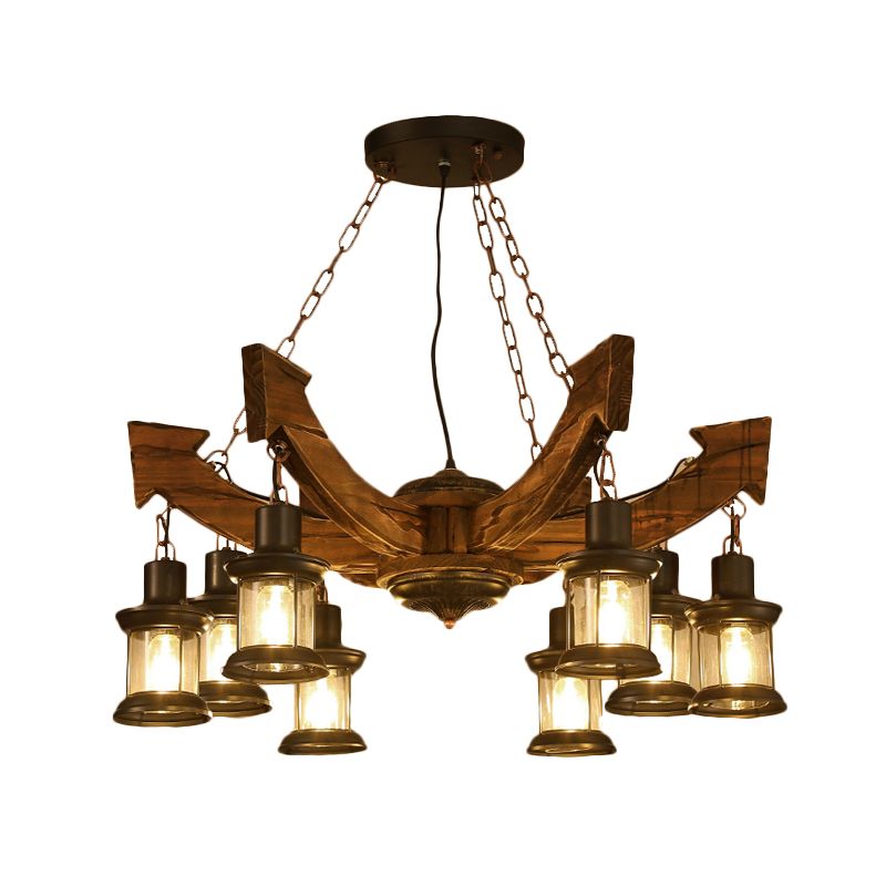 8 Lights Pendant Chandelier Farm Clear Glass Suspension Lamp in Black with Wood Anchor Deco