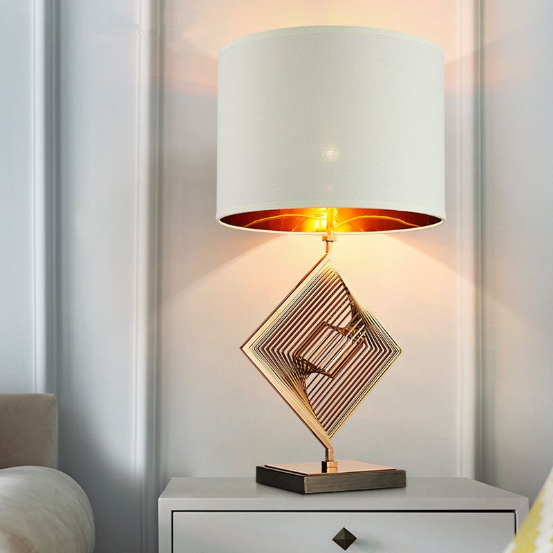 Metal Square Night Table Light Modern 1 Bulb White Nightstand Lighting with Drum Fabric Shade