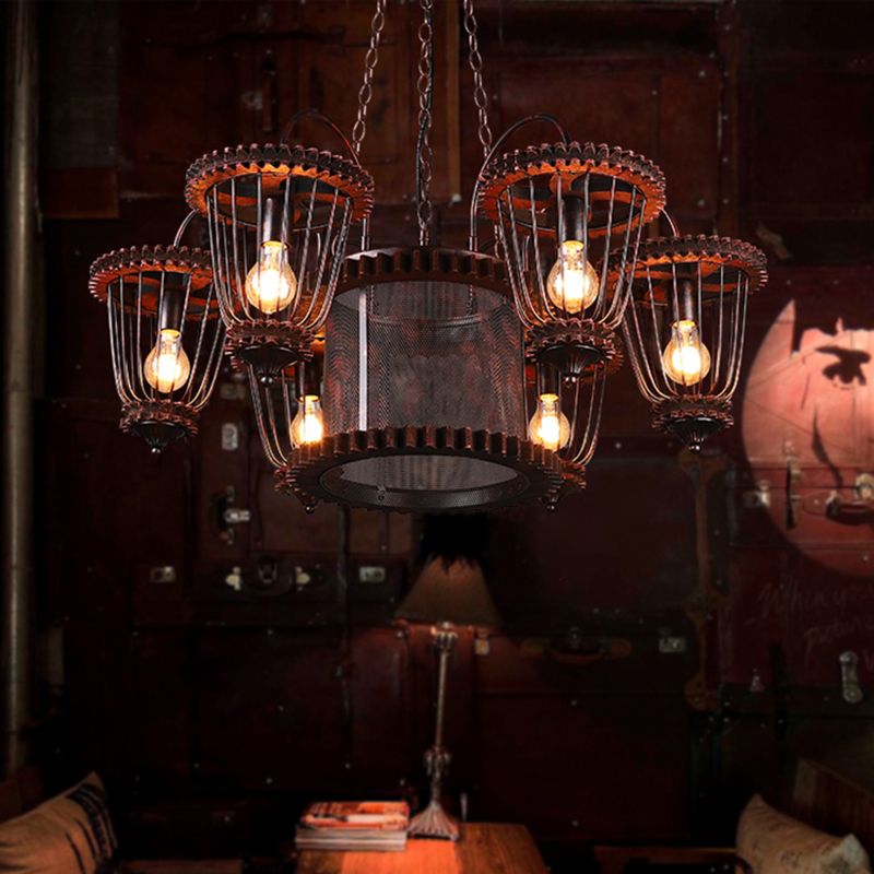 Wrought Iron Large Cage Chandelier Industrial Style Hanging Pendant Light Fixtures in Rust Finish