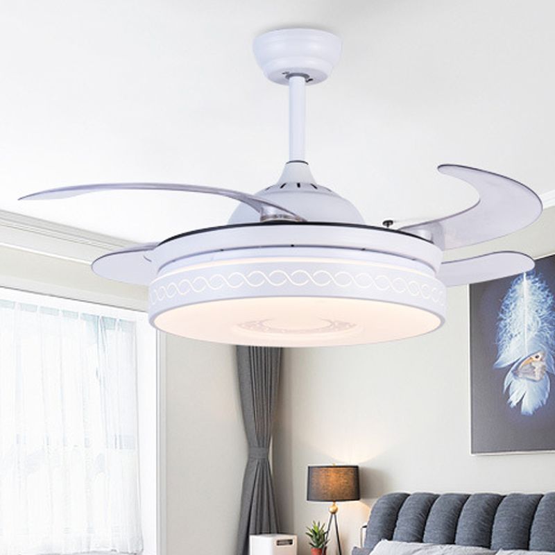 36 "Breedte LED Acryl Hangende ventilator Licht Moderne witte ring Woonkamer Semi -spoelbevestiging met afstandsbediening/frequentieconversie en afstandsbediening, 4 messen