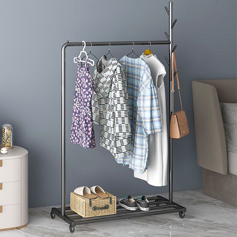 Contemporary Metal Coat Rack Hanging Rail Lower Shelf and Hooks Hall Tree