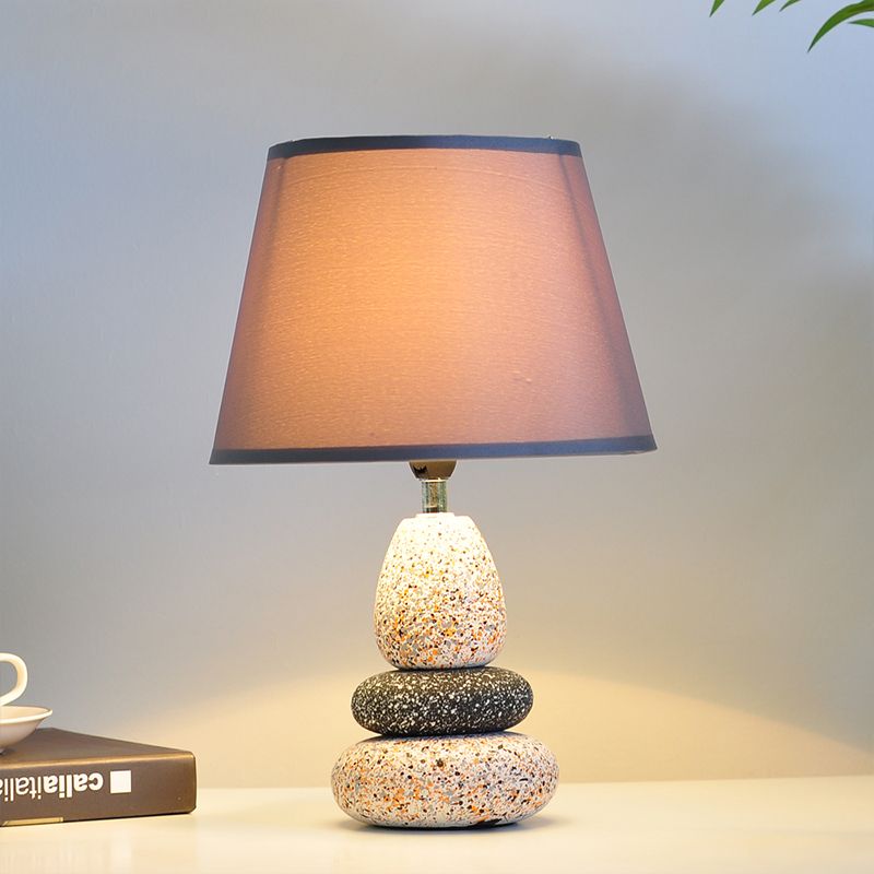 Ceramics Stone Shape Night Light Modernist LED Night Table Lamp in Black/Grey with Fabric Shade