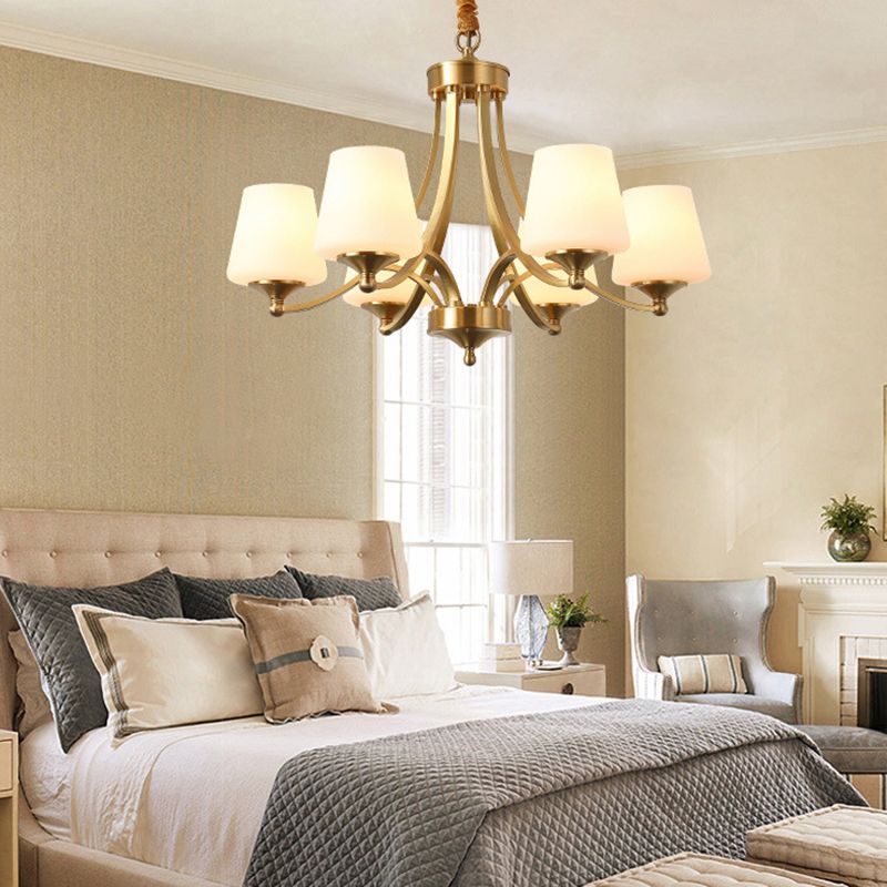 Post-Modern Curvy Arm Hanging Chandelier Light White Glass Shade Ceiling Chandelier in Gold for Living Room