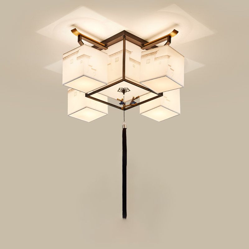 White Fabrics Ceiling Light in Traditional Style Geometric Flush Mount for Bedroom