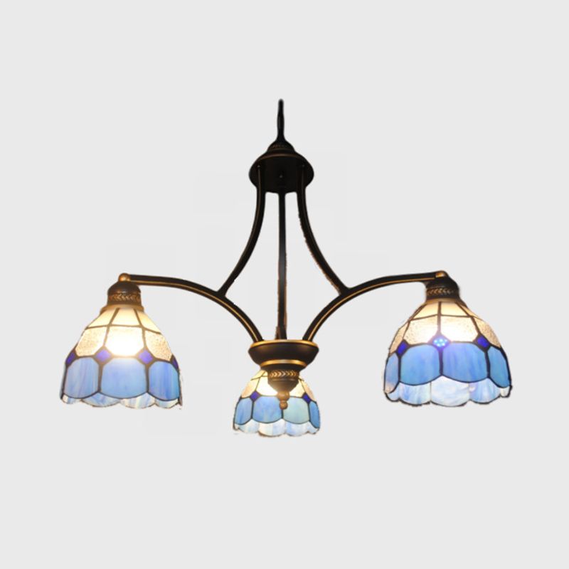 Luz de araña de interior con cúpula 3 luces de vidrio manchado de vidrio colgante en azul para mesa de comedor