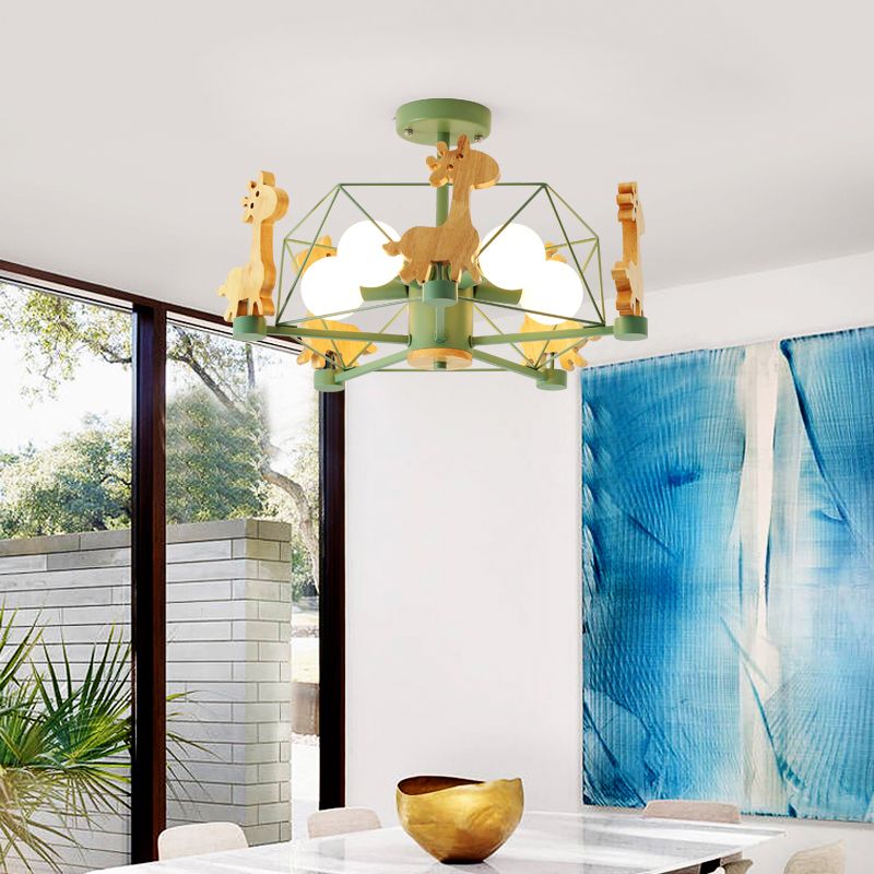 Macaron Cage plafond hanger licht metaal 4-kop slaapkamer kroonluchter met houten giraf deco