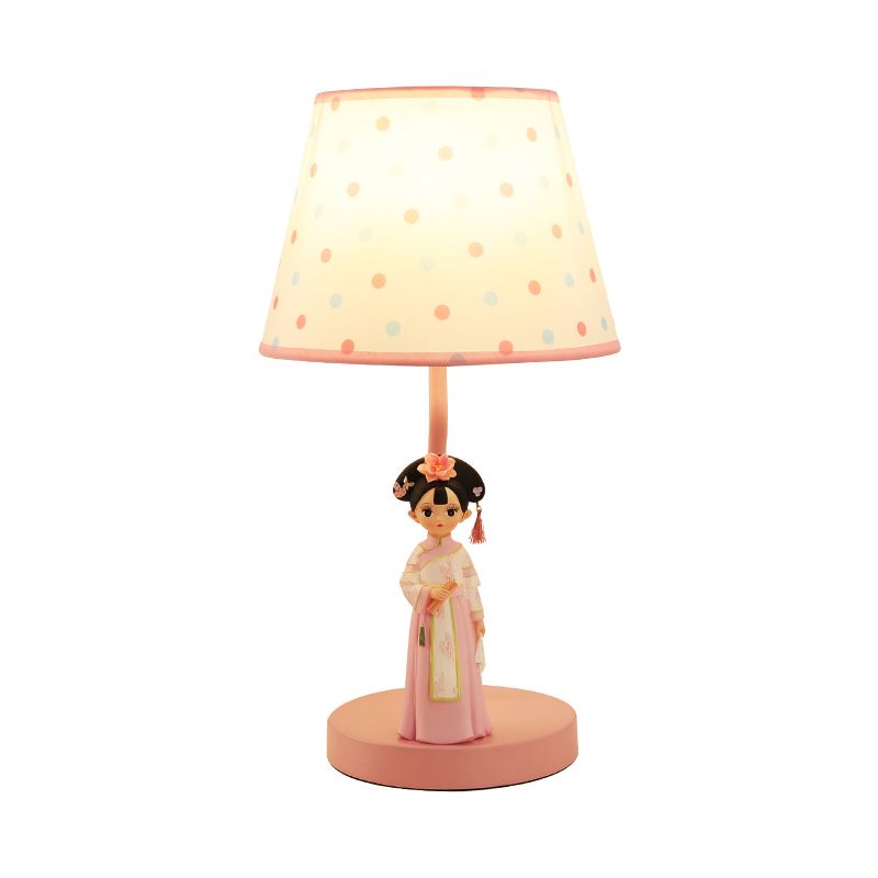 Fabric Bucket Shade Table Lighting Cartoon 1-Light White Nightstand Lamp with Figurine Decor